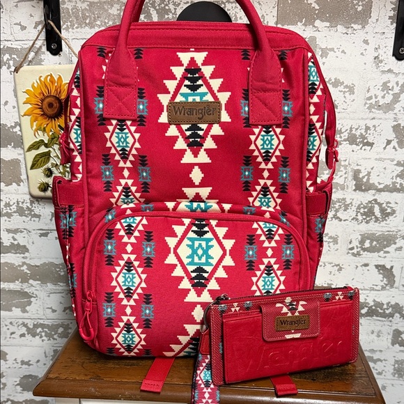 Wrangler Handbags - Wrangler Red and Teal Aztec Backpack and Wallet